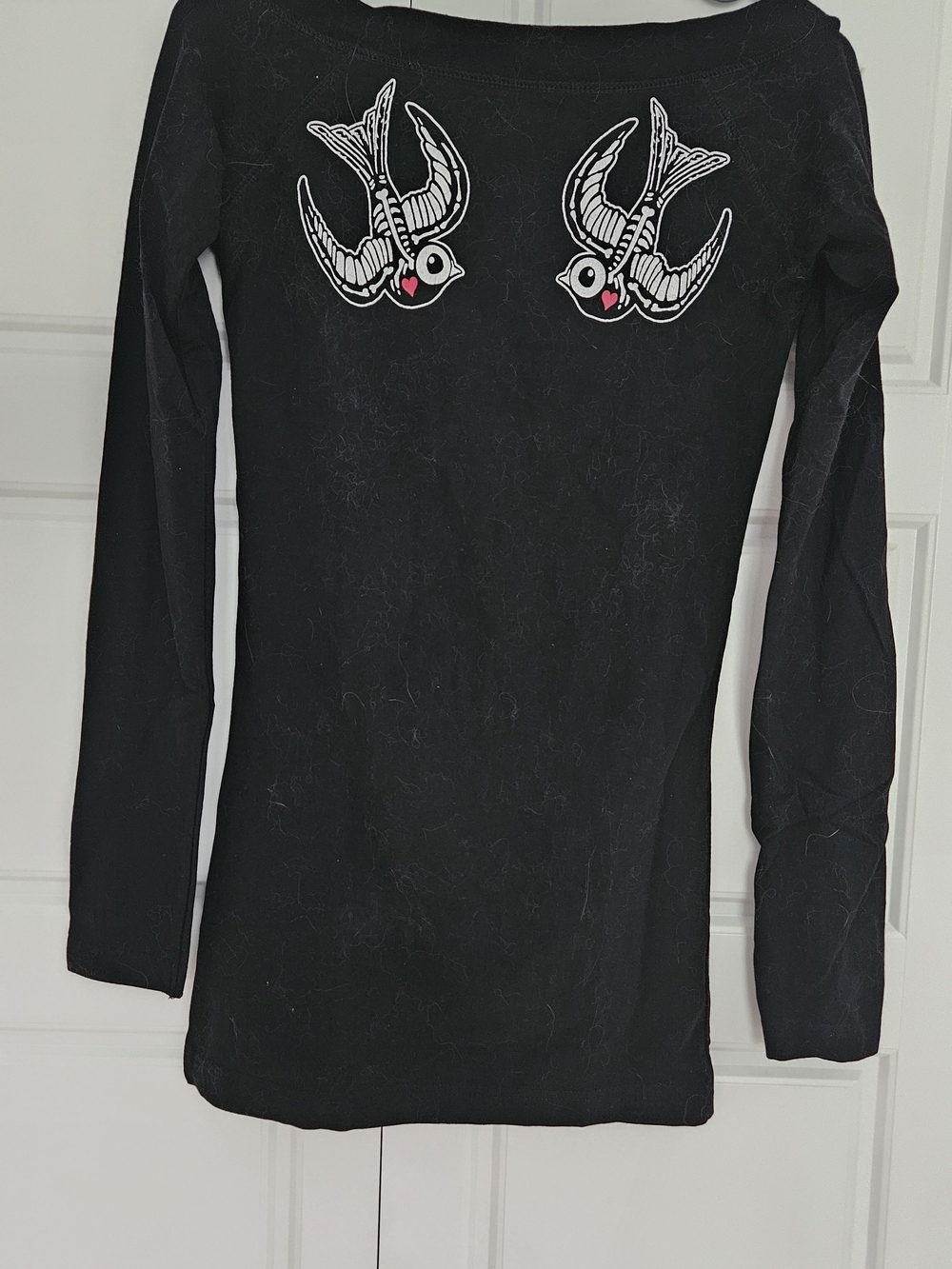 Black Long Sleeve Top with Red Heart And Swallows